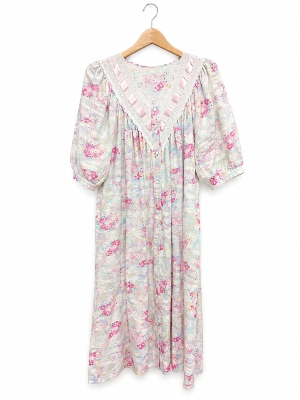 Vintage Floral House Dress Pink Ribbon Lace Trim Button Front Lounger Women's XL
